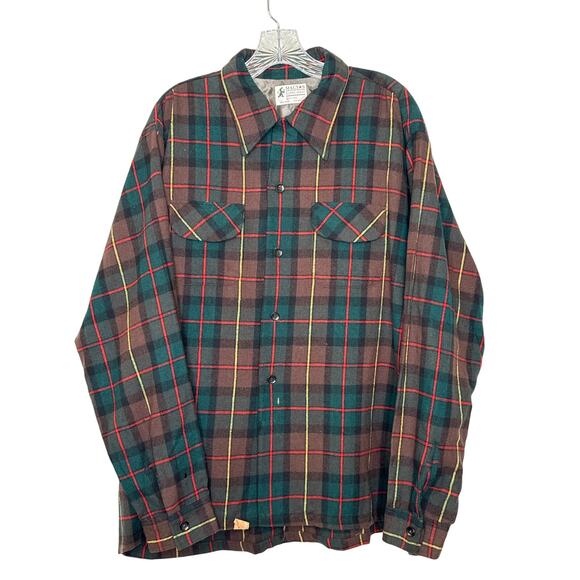 Vintage 60's Macy’s Supre-Macy Wool Blend Plaid Flannel Shirt XL USA - Picture 1 of 12